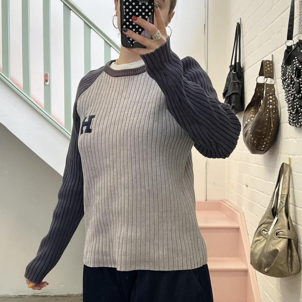 tommy hilfiger grey and navy ribbed chunky knit sweater