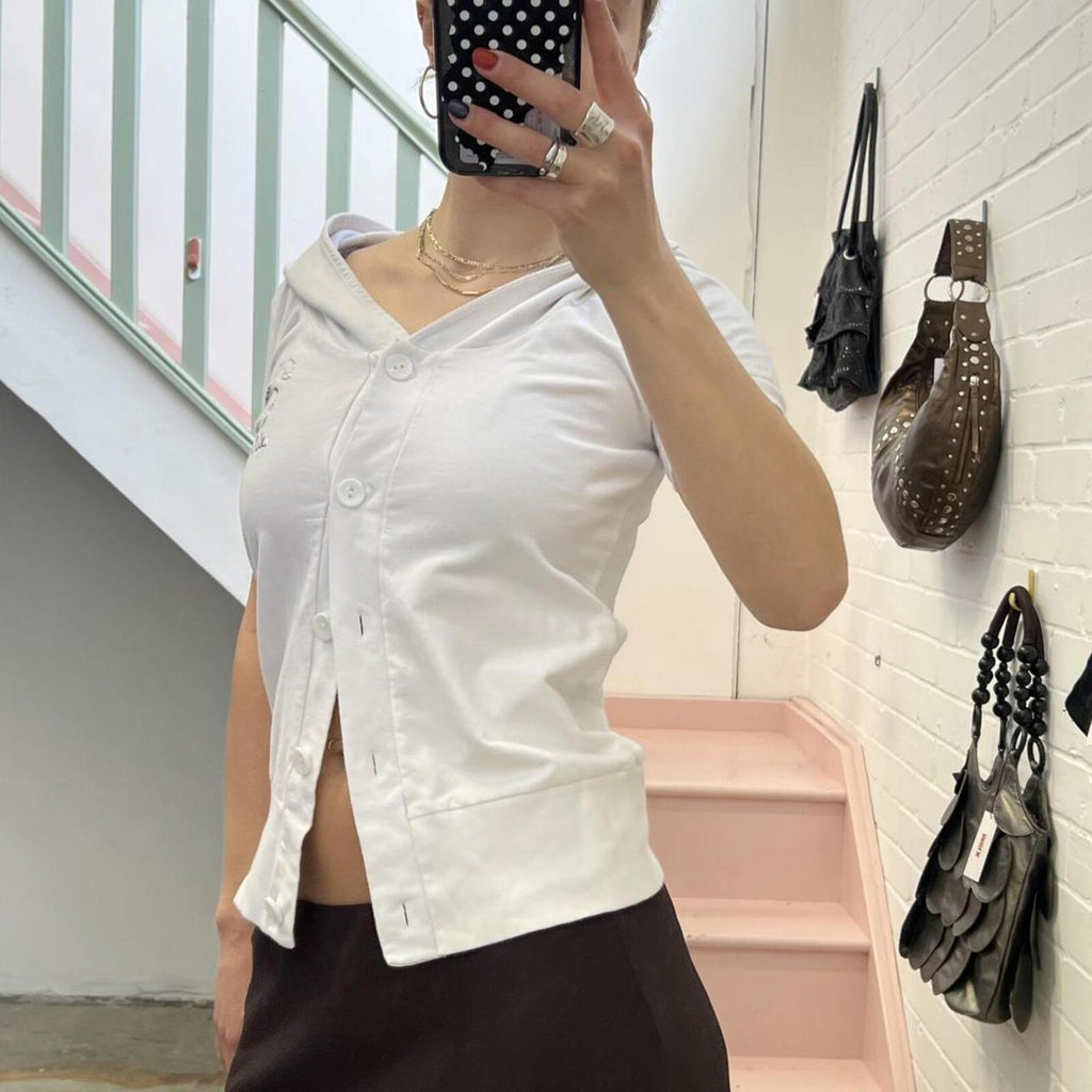 White vintage short sleeve button up hoodie