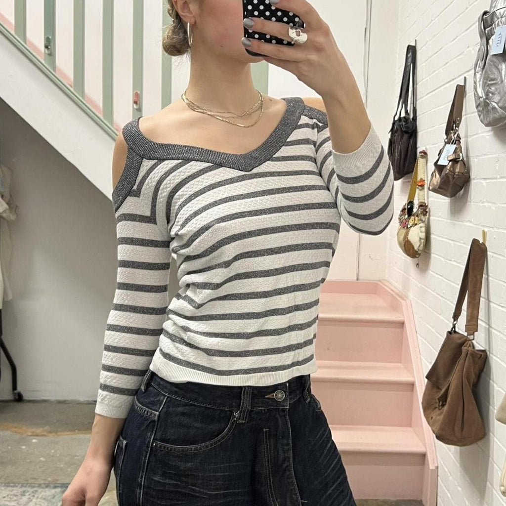 Morgan de Toi white and silver striped slouchy top with cut out shoulders