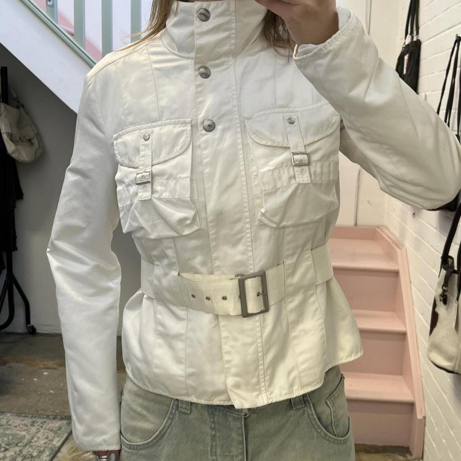 Benetton white zip up belted utility biker jacket