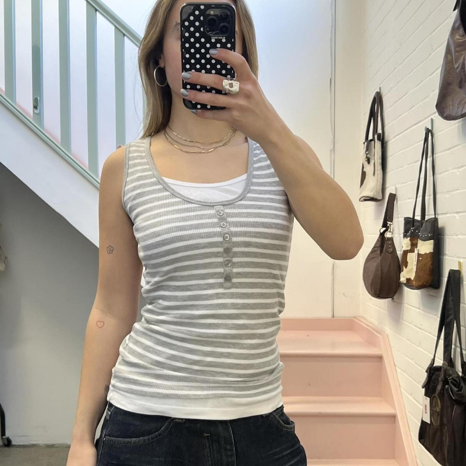 grey and white striped layered button up vintage vest