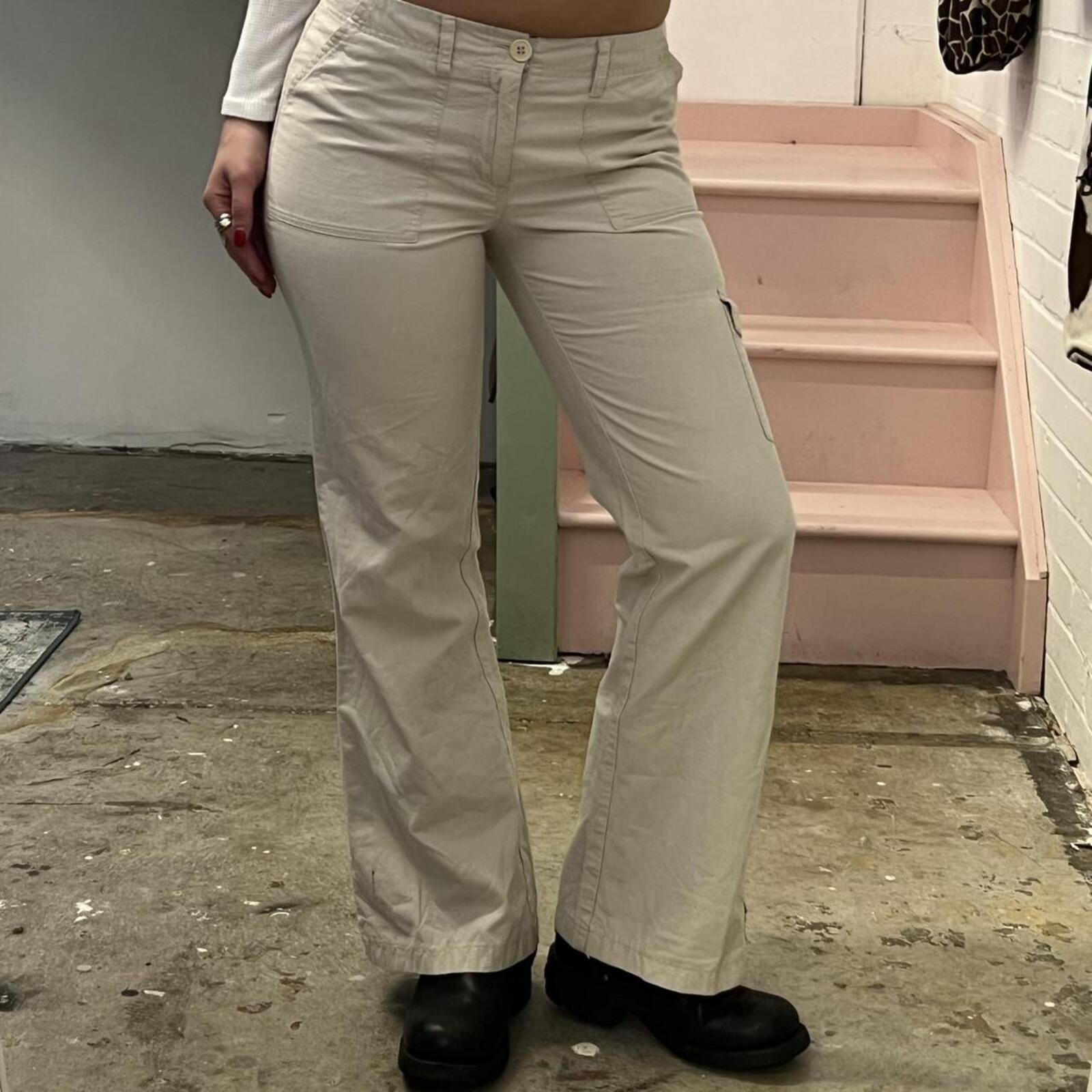 cream wide leg low rise vintage tailored style cargo trousers with pocket detail