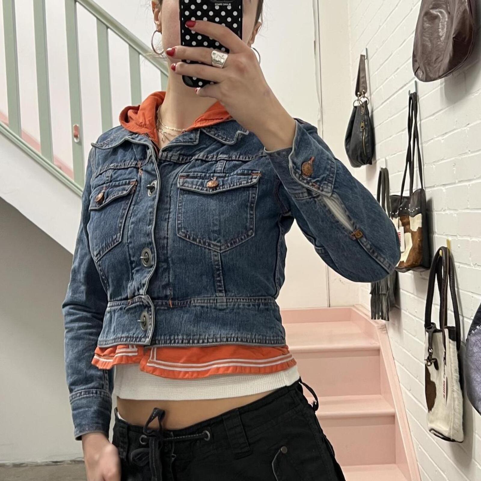 Fiorucci layered vintage denim jacket with orange hoodie layer