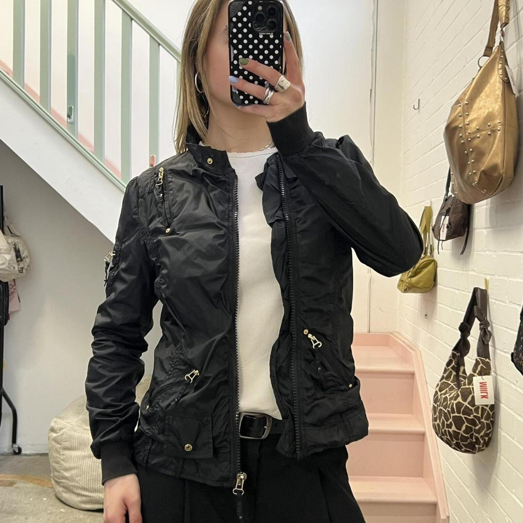 black lightweight ruched windbreaker style fitted vintage jacket