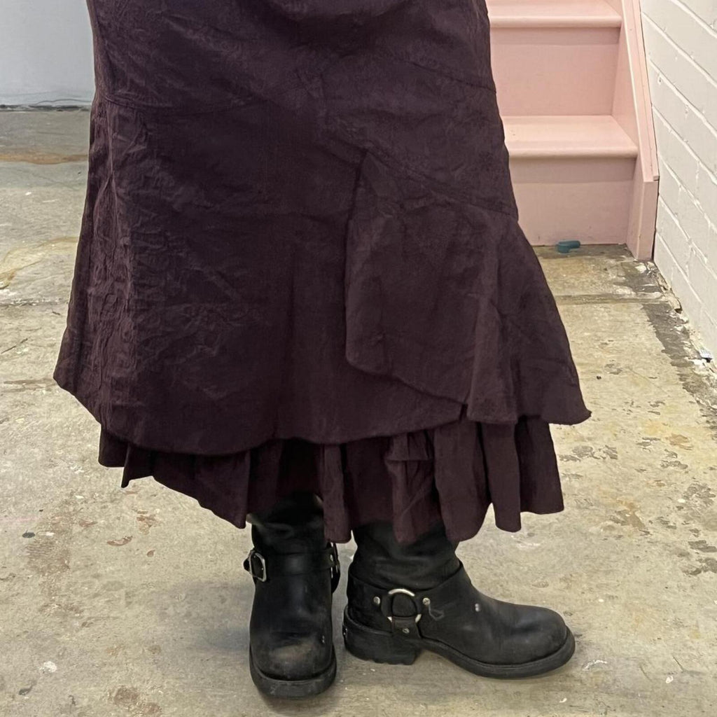brown layered floaty vintage cargo utility style maxi skirt