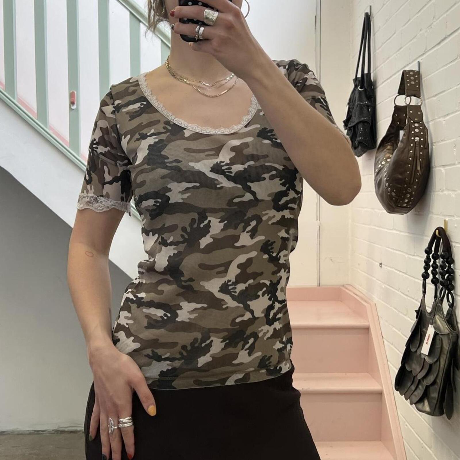 Khaki mesh camo print lace trim fitted vintage top