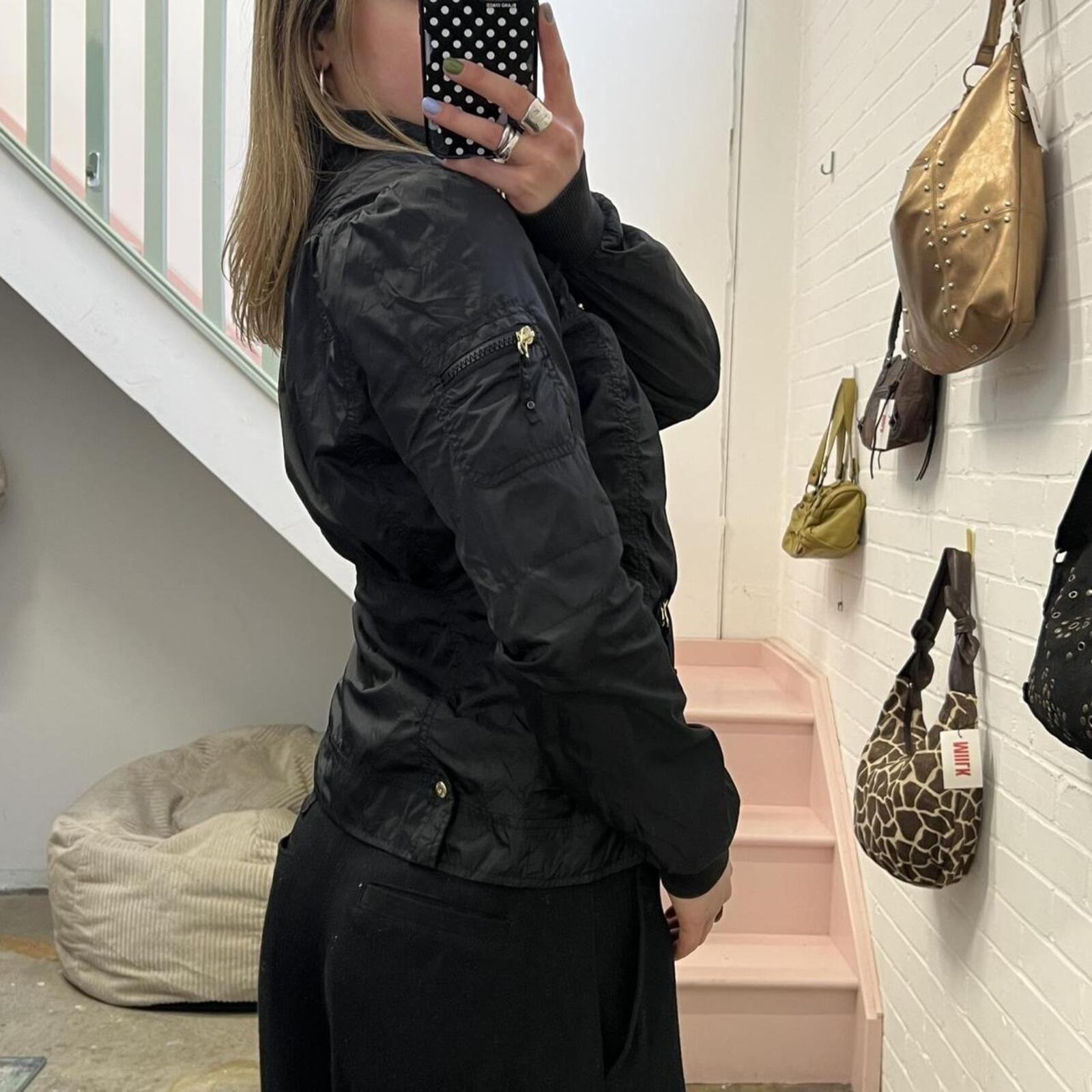 black lightweight ruched windbreaker style fitted vintage jacket