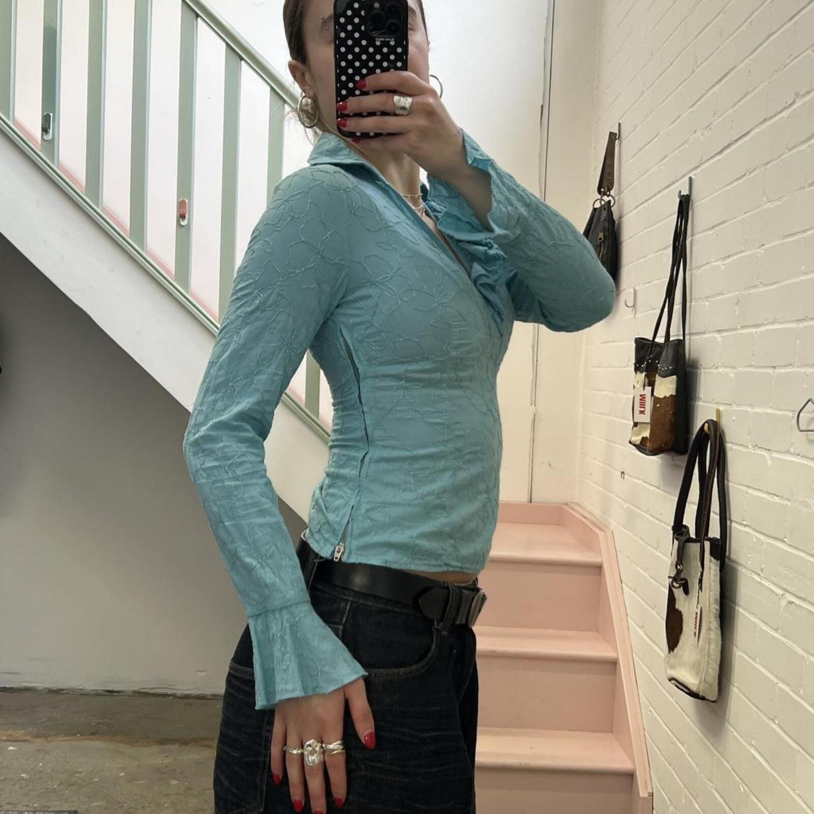 Turquoise blue fitted vintage embroidered shirt with ruffle detail