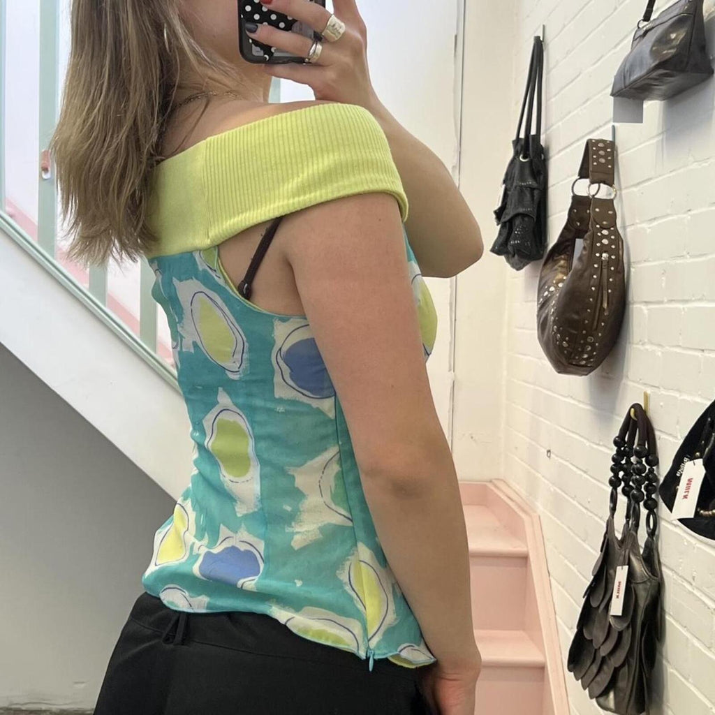 Teal and green polka dot off shoulder vintage vest top