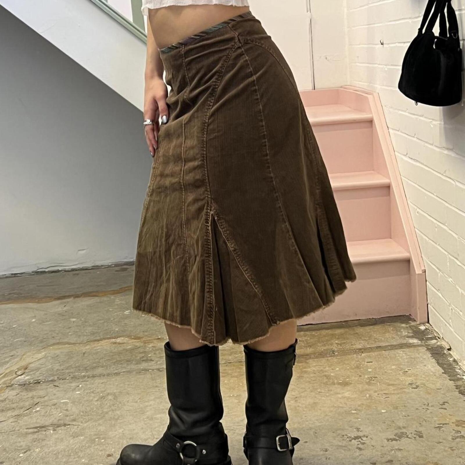 brown corduroy fitted flared vintage midi skirt
