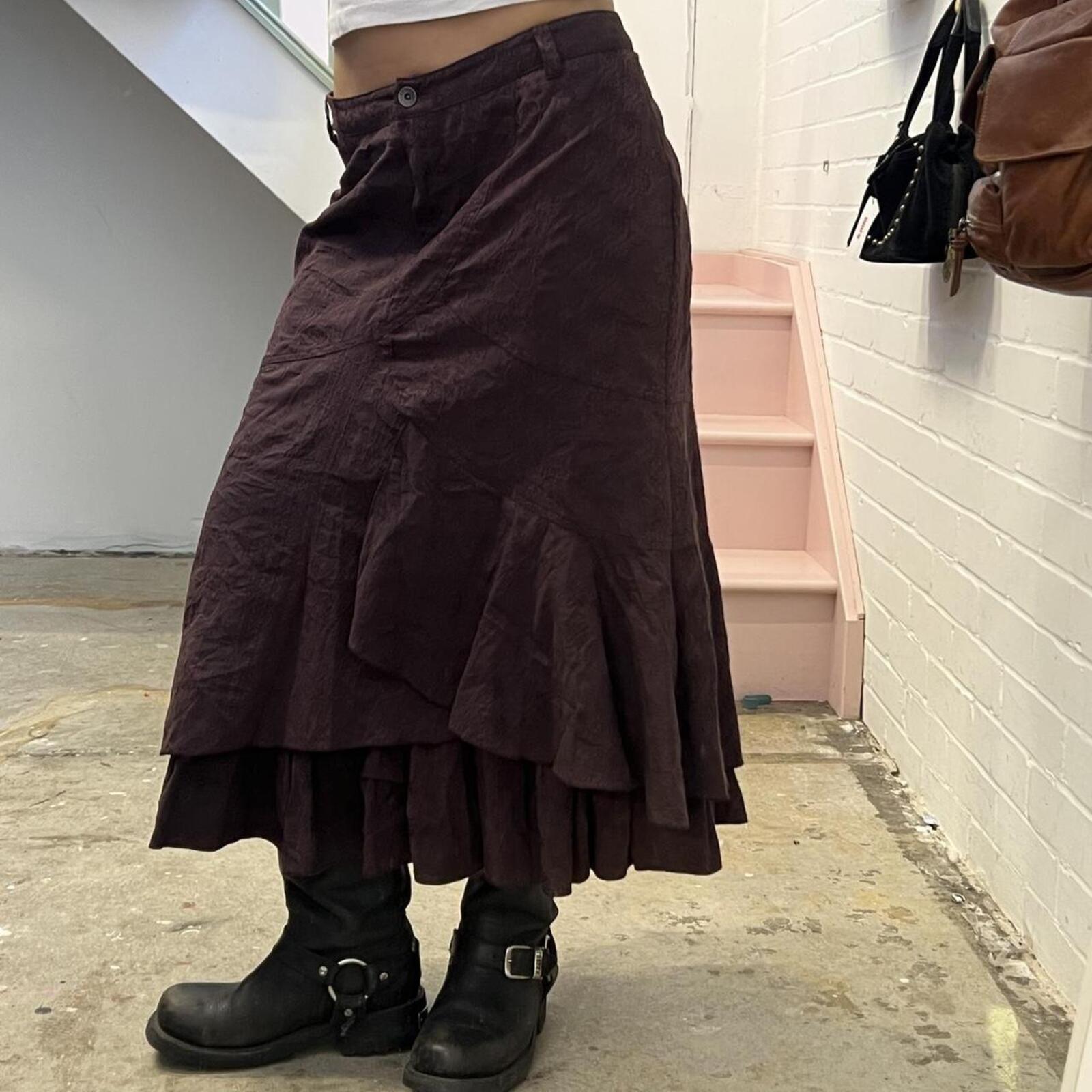 brown layered floaty vintage cargo utility style maxi skirt