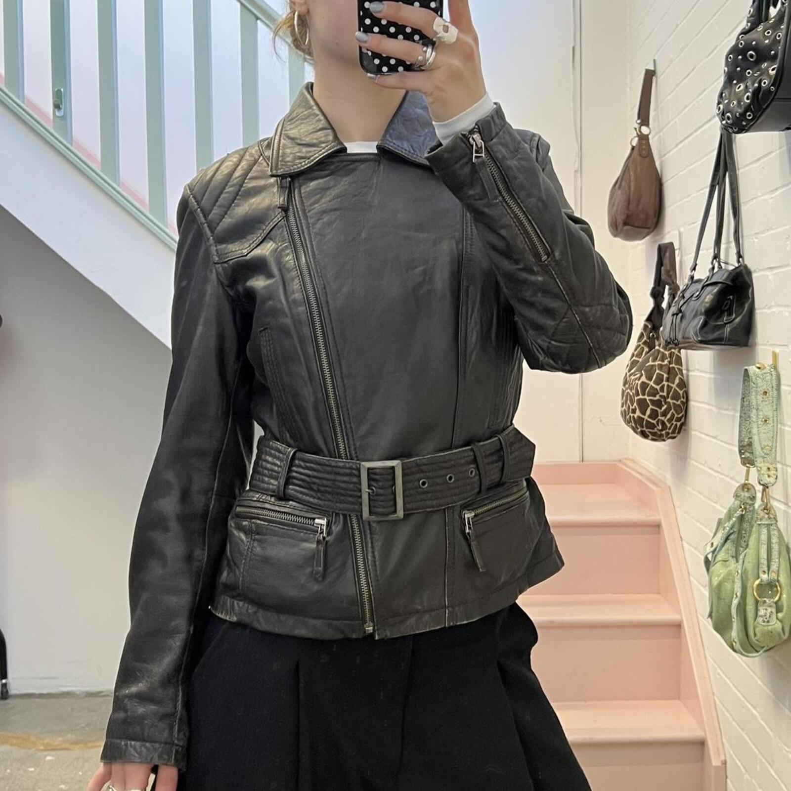 street one dark brown leather zip up vintage biker jacket