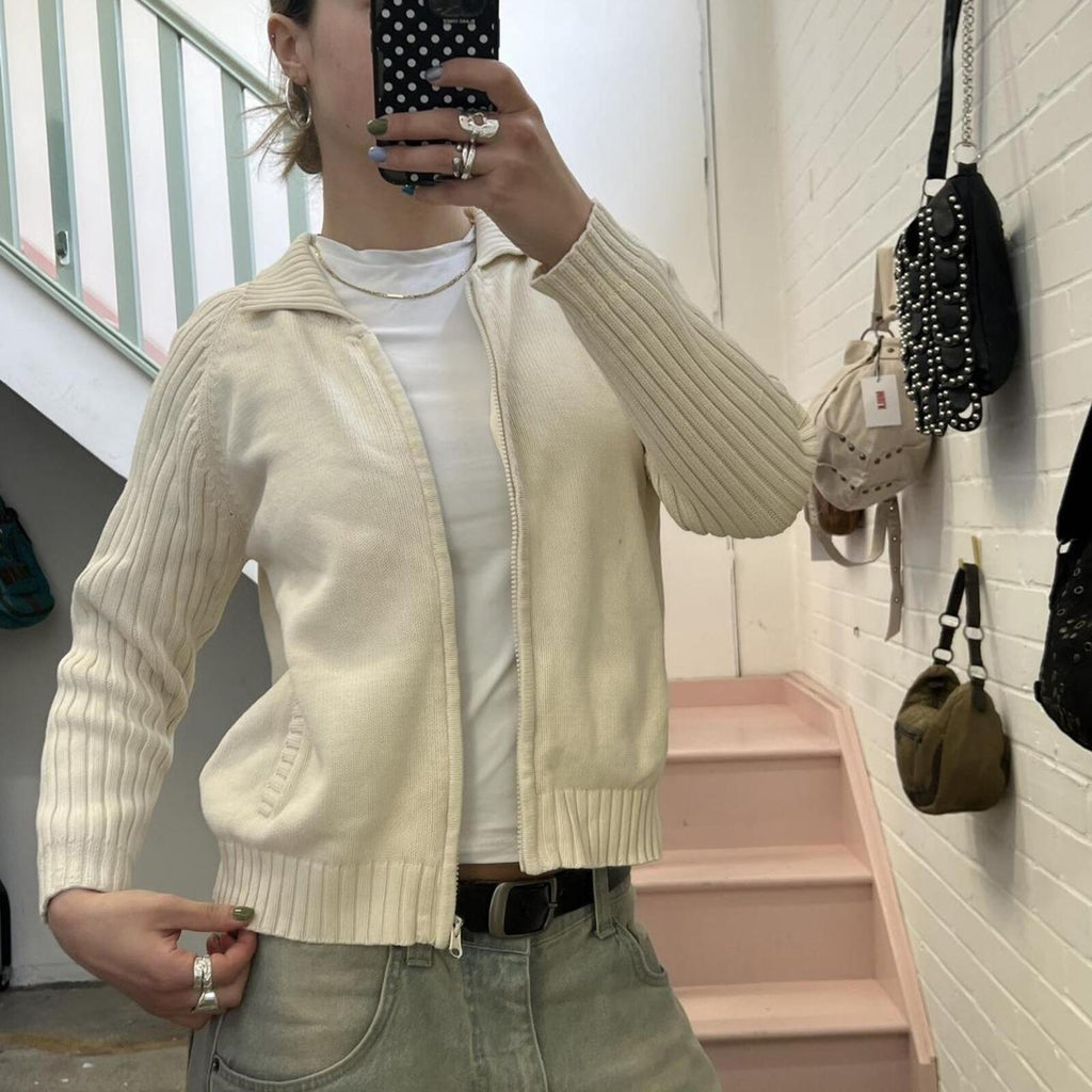 cream knitted zip up vintage cardigan