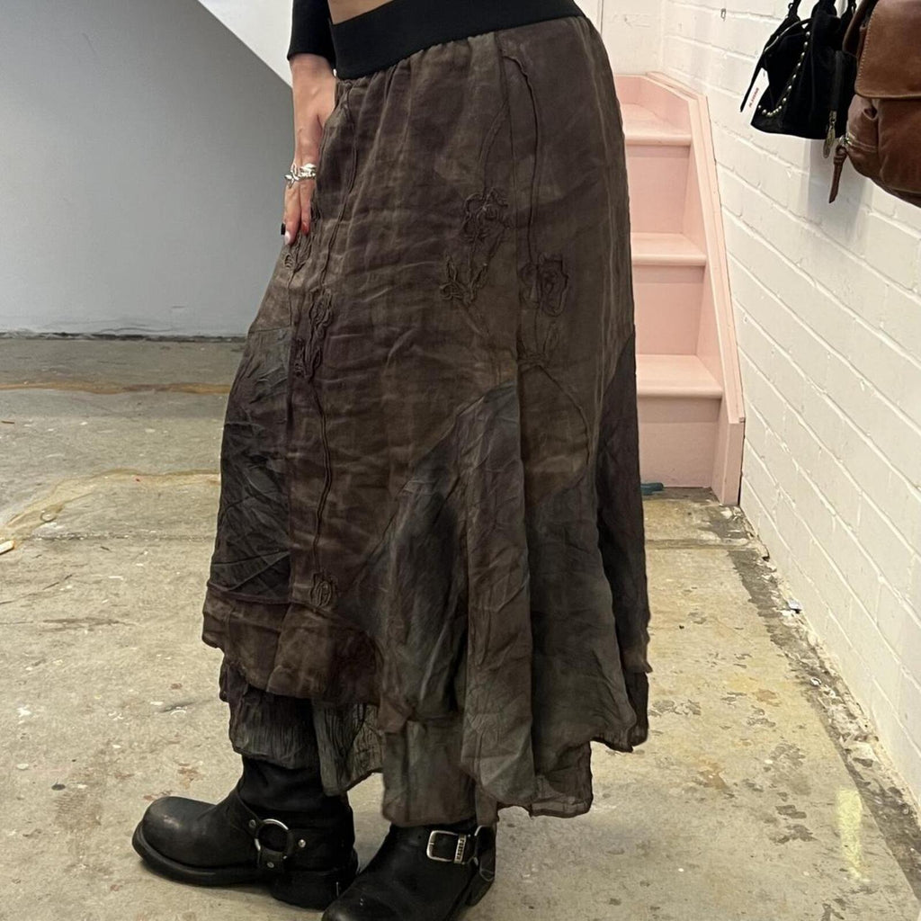 brown and grey tie dye layered floaty vintage maxi skirt