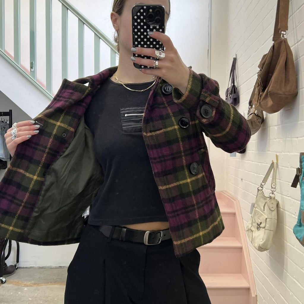 purple and green checkered gingham button up wool peacoat