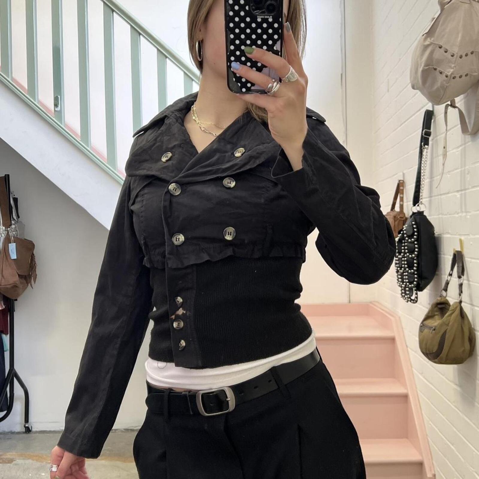 black fitted vintage peacoat with elastic waist