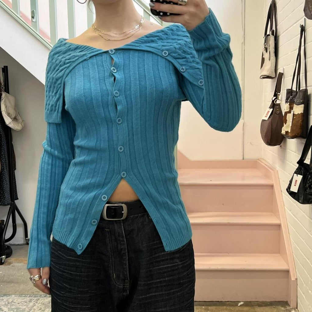 blue knitted off shoulder button up cashmere blend sweater