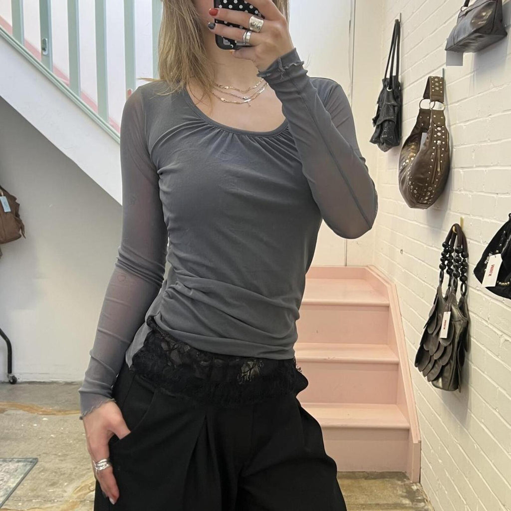 Grey mesh long sleeve ruched fitted top with black lace under layer