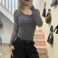 Grey mesh long sleeve ruched fitted top with black lace under layer