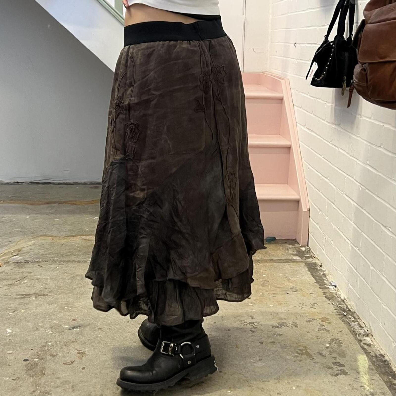 brown and grey tie dye layered floaty vintage maxi skirt