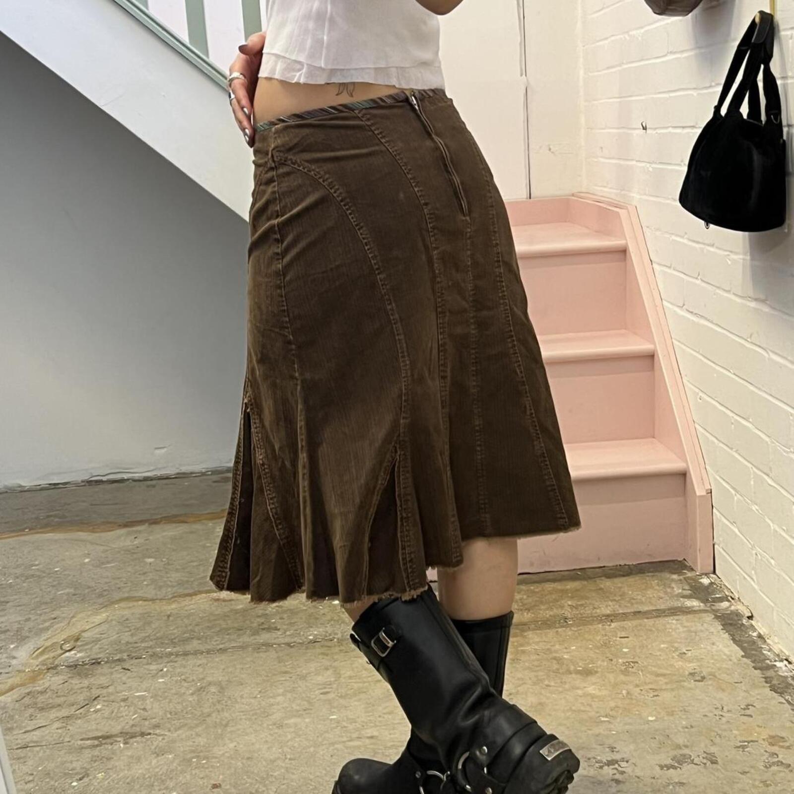 brown corduroy fitted flared vintage midi skirt