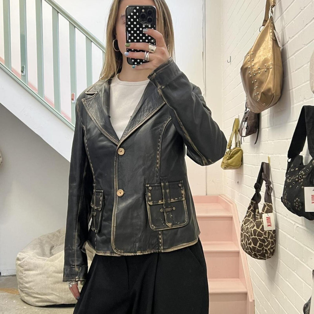 dark brown washed leather vintage blazer