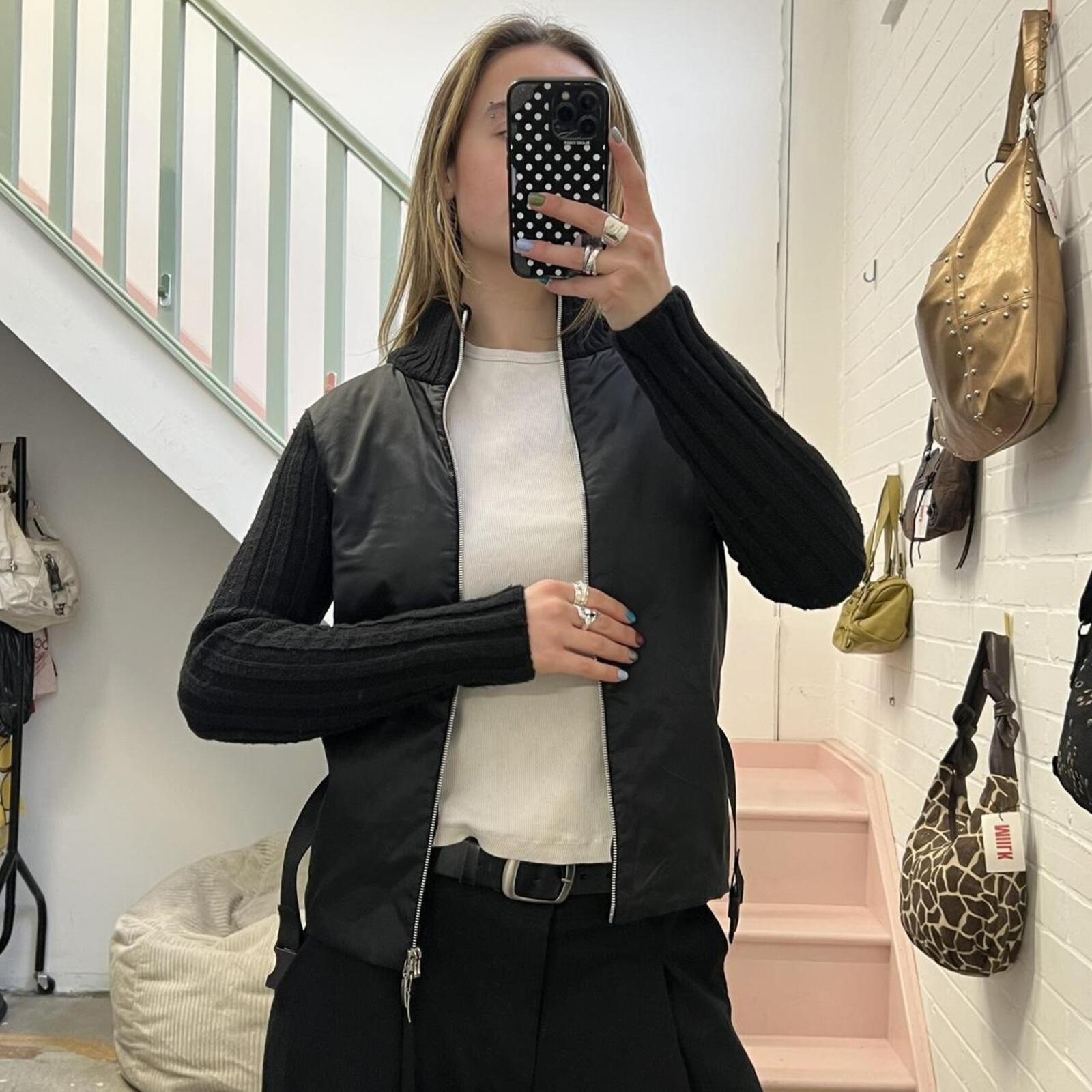 black vintage zip up high neck lightweight jacket with belted waist