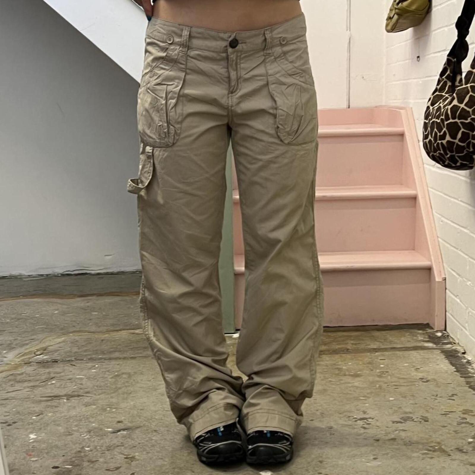 cream low rise wide leg cargo trousers