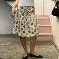 cream and brown polka dot ruffle midi skirt
