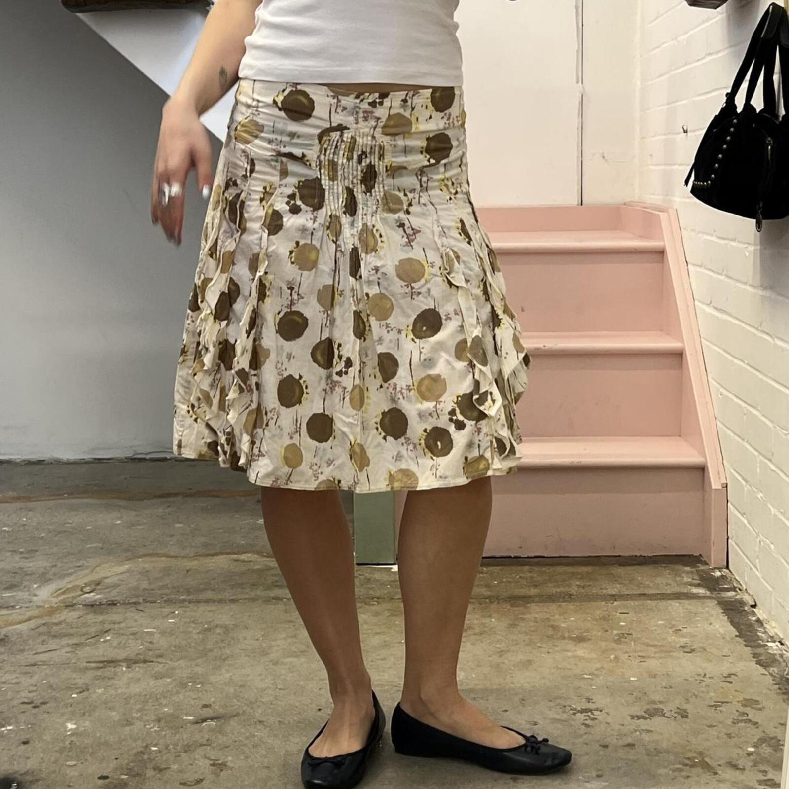 cream and brown polka dot ruffle midi skirt