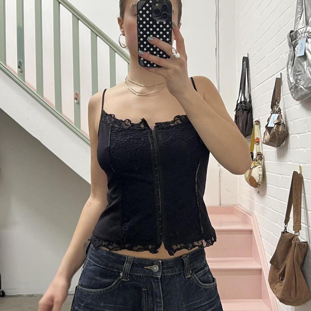 black lace lambs wool cami with hook and eye clasp detail