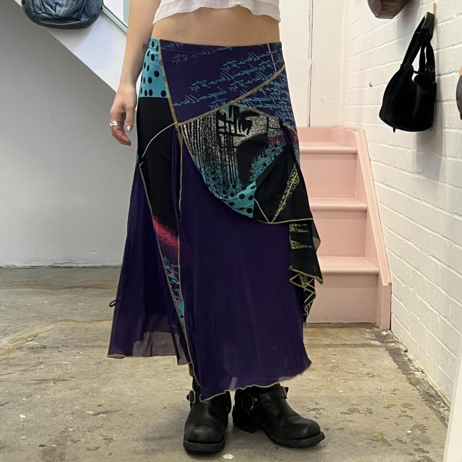 graphic print mesh layered utility style vintage asymmetrical maxi skirt