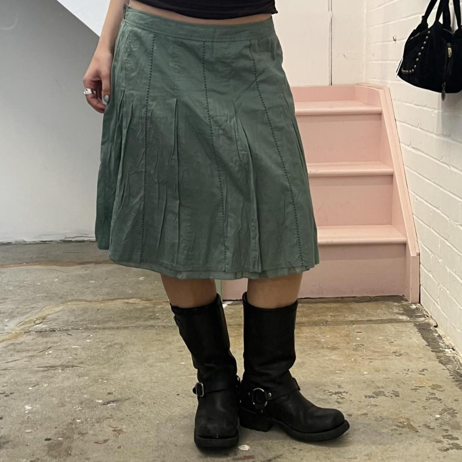 green teal pleated vintage cotton pleated midi skirt