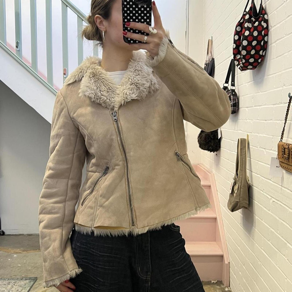 Esprit cream faux suede faux fur lined zip up fitted teddy coat
