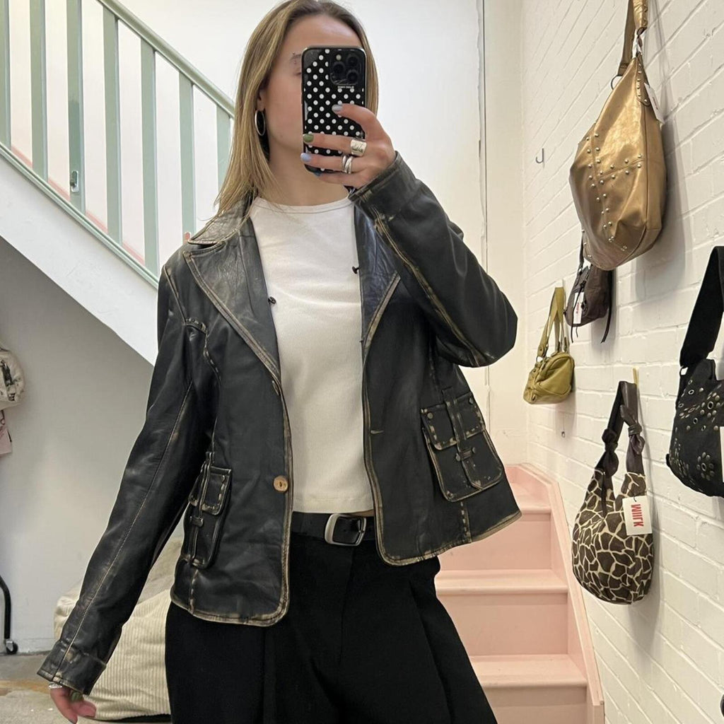 dark brown washed leather vintage blazer