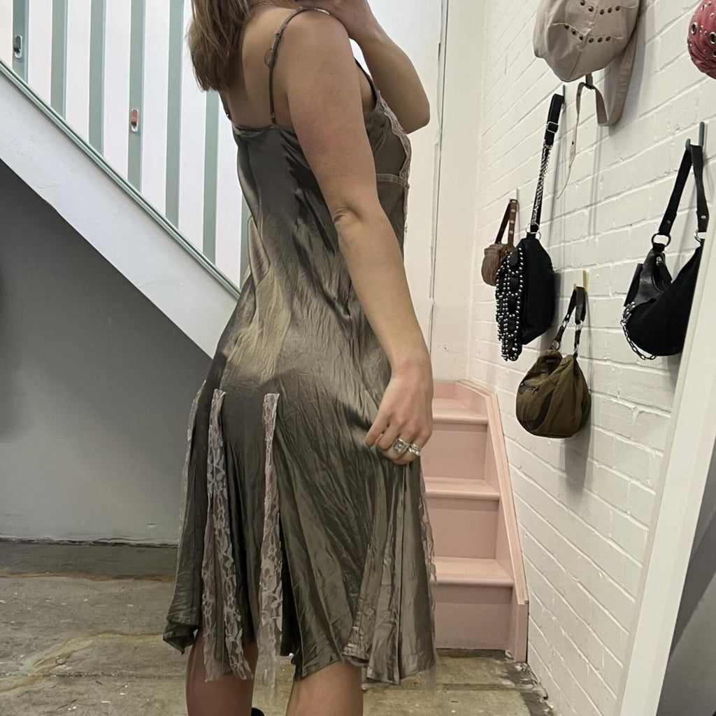 Grey satin floaty flared strappy midi slip dress with lace panels