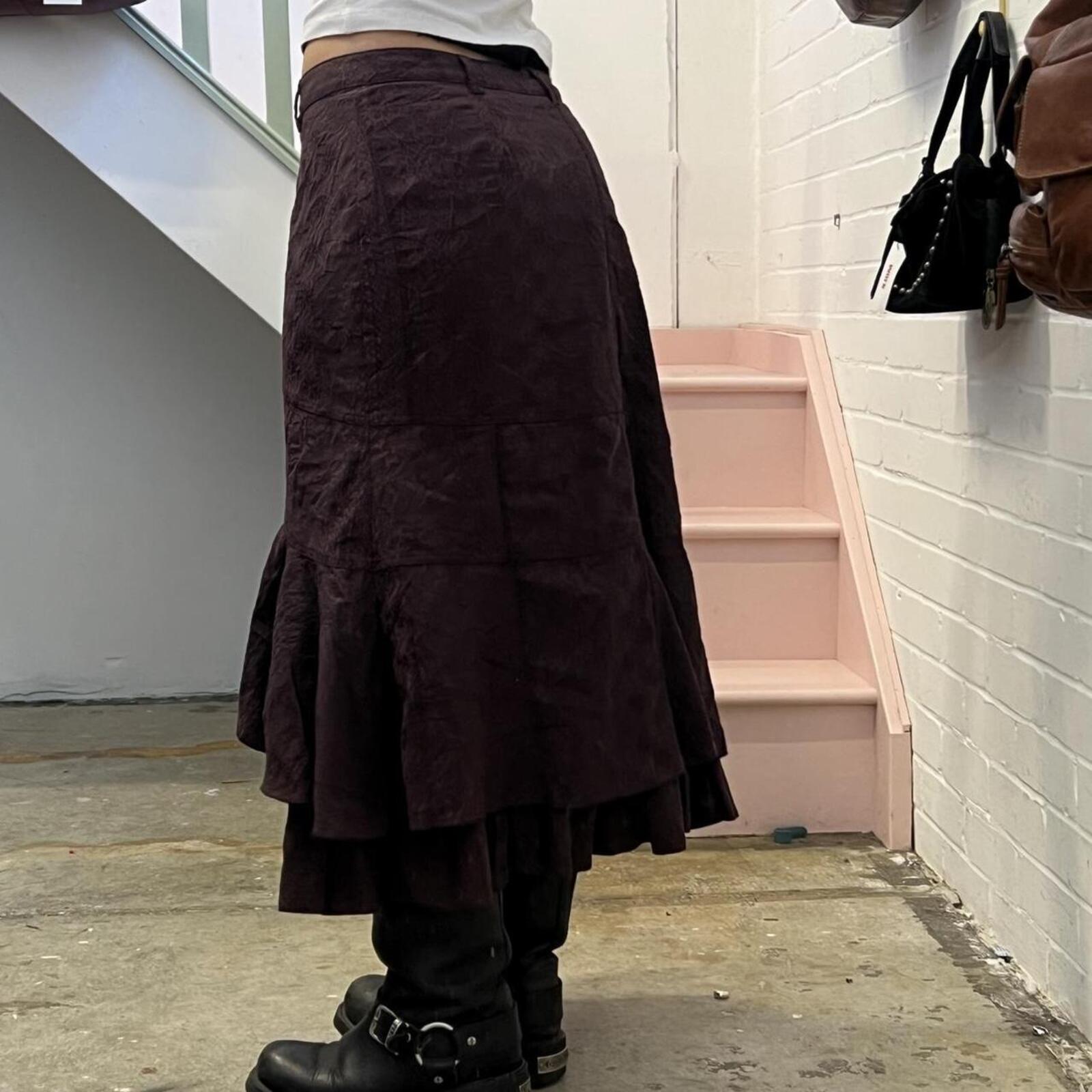 brown layered floaty vintage cargo utility style maxi skirt