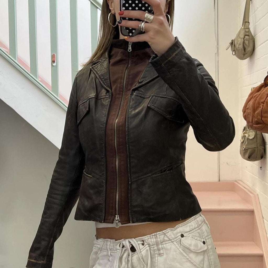 Dark brown leather zip up layered fitted vintage jacket with dual zip