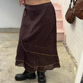 Brown cargo utility style vintage layered lightly printed floral maxi skirt