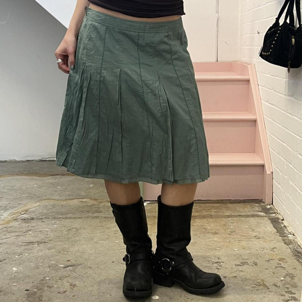 green teal pleated vintage cotton pleated midi skirt