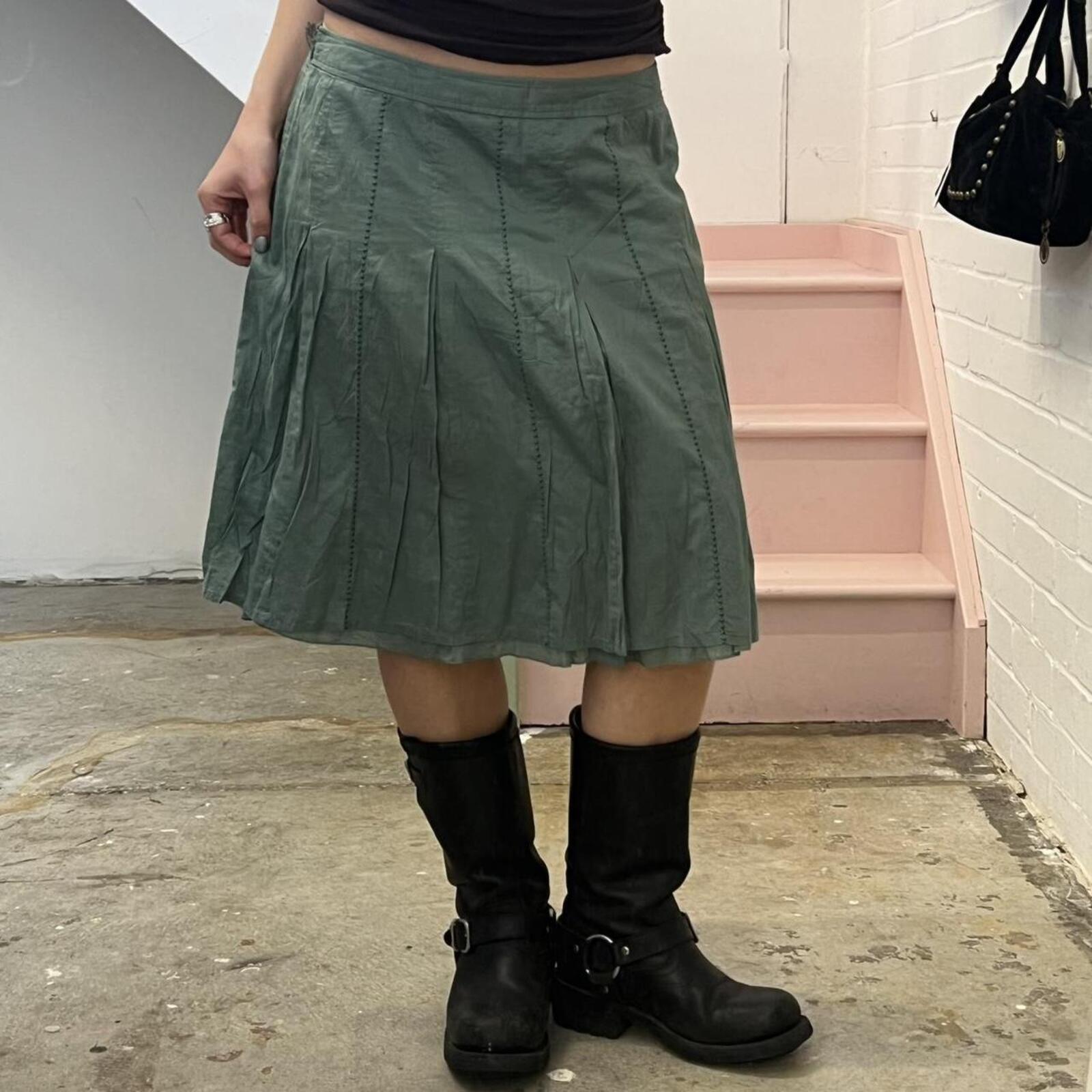 green teal pleated vintage cotton pleated midi skirt