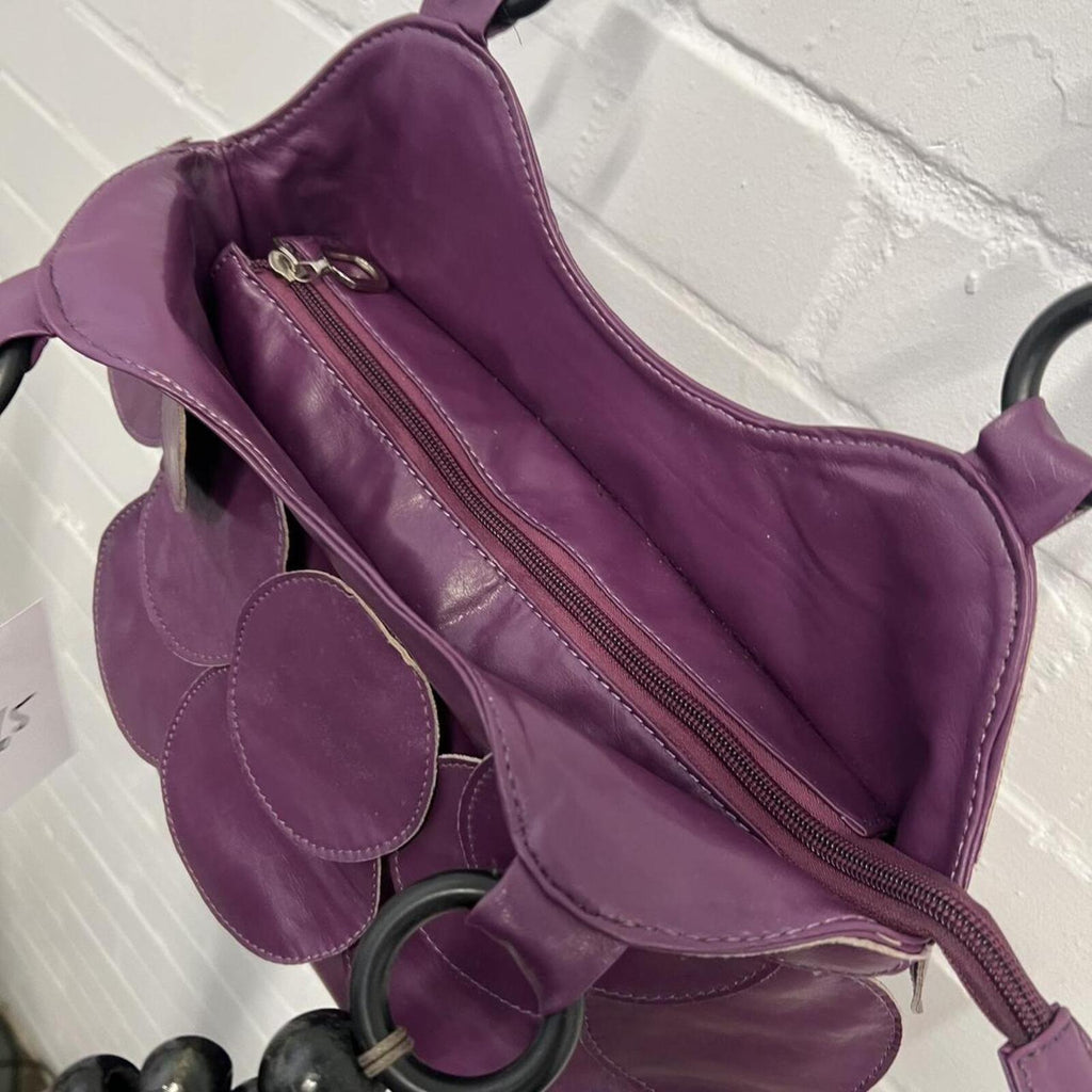 purple vintage faux leather layered disc bag with beaded strap