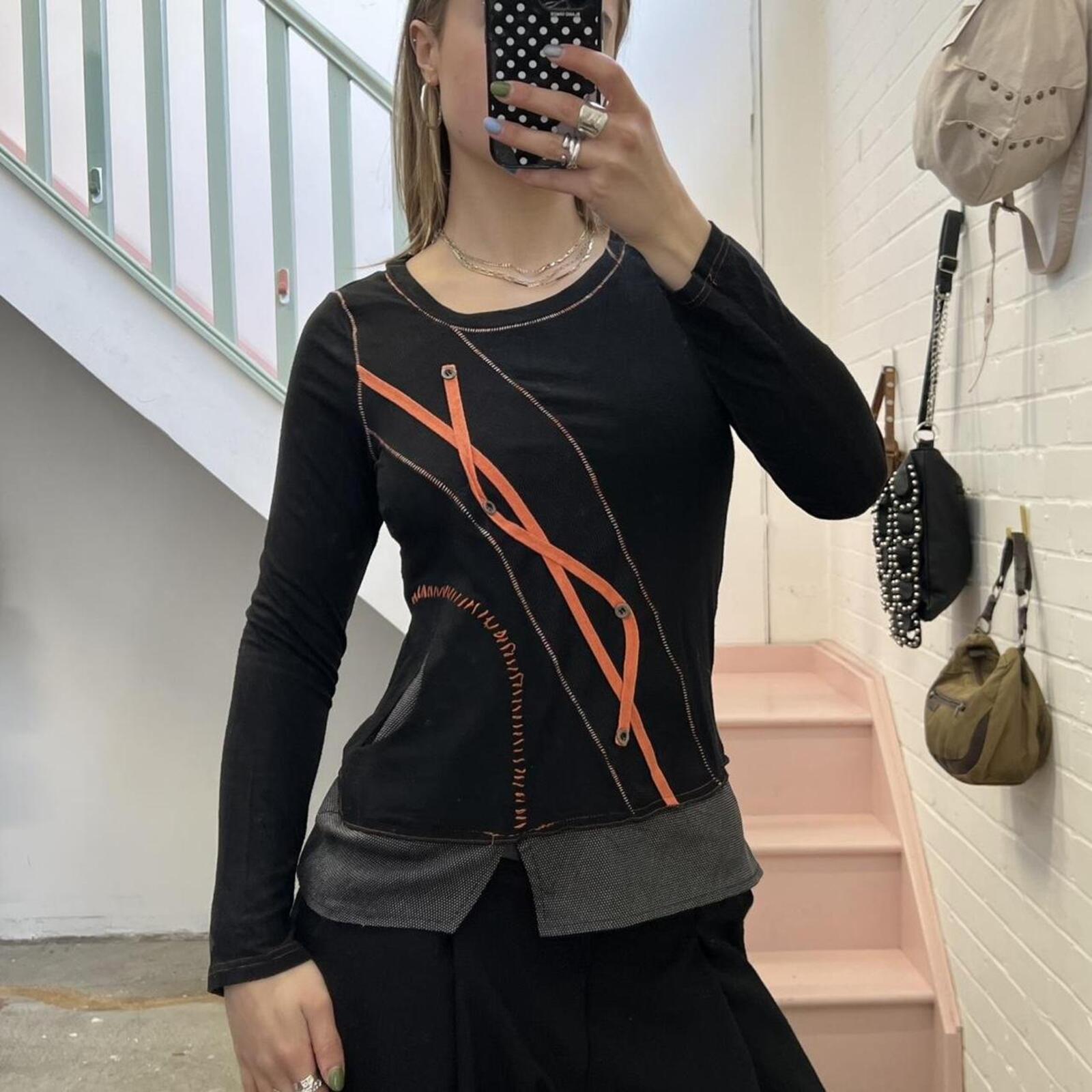 black and orange utility style long sleeve vintage top with contrast stitching