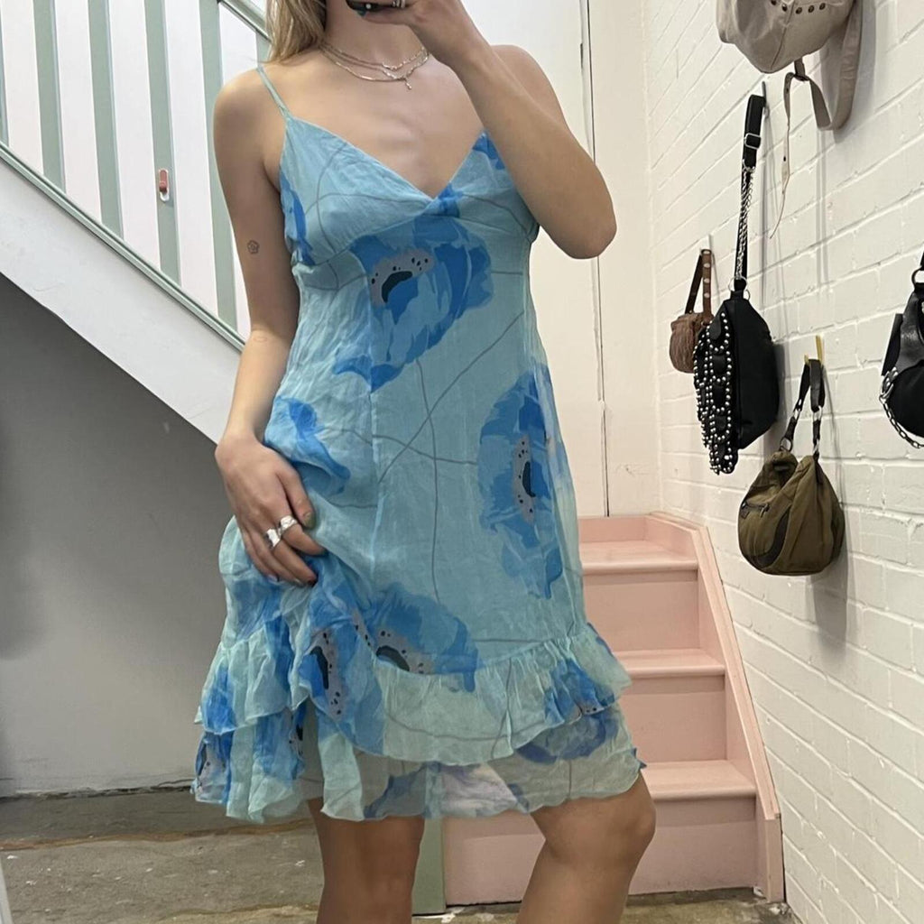 Blue silk floaty printed vintage slip dress