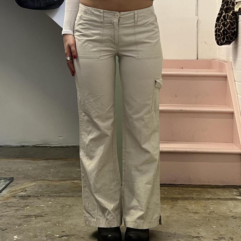 cream wide leg low rise vintage tailored style cargo trousers with pocket detail
