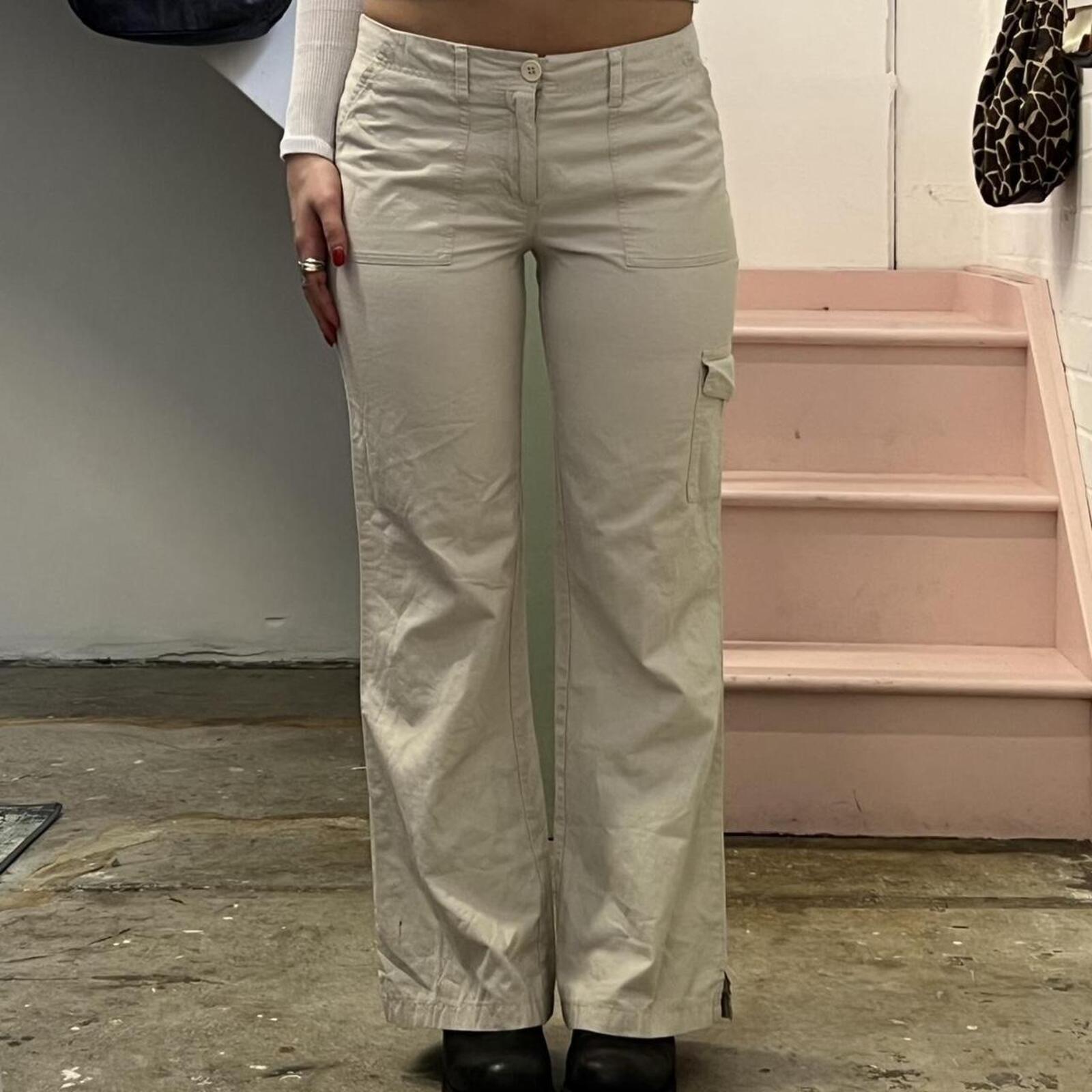 cream wide leg low rise vintage tailored style cargo trousers with pocket detail