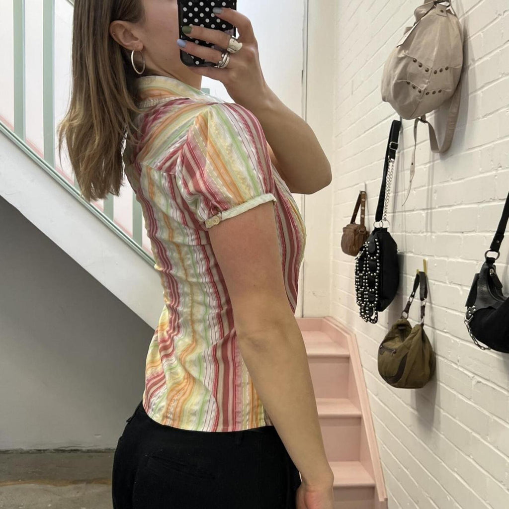 Multicolour striped fitted vintage short sleeve shirt
