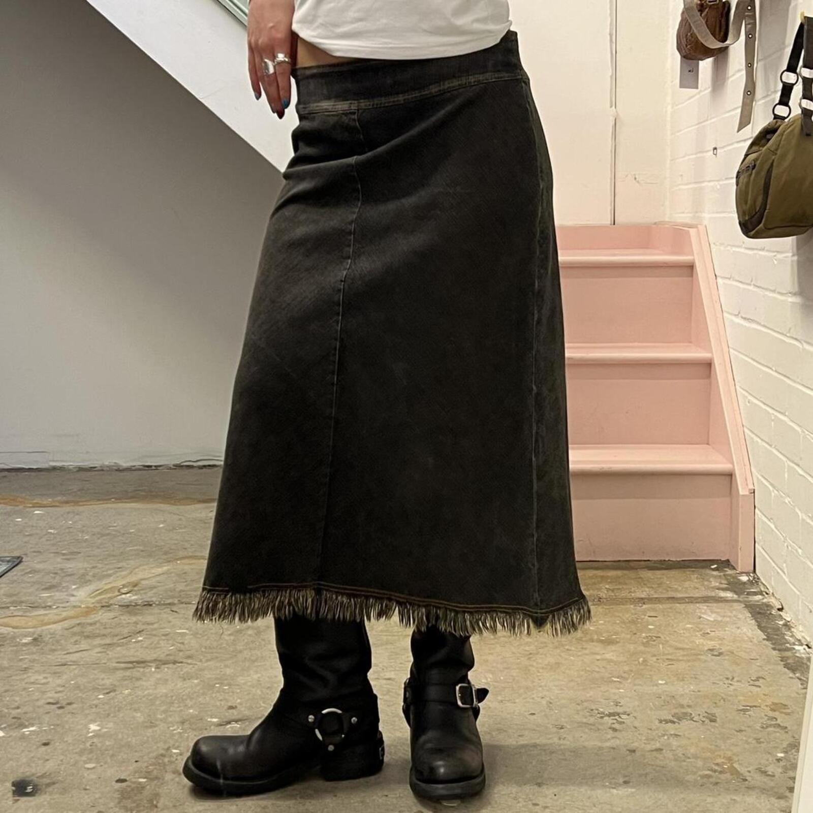 grey black denim low rise distressed maxi skirt