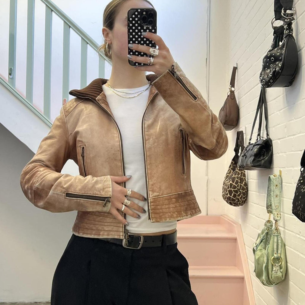 light brown washed leather zip up vintage jacket