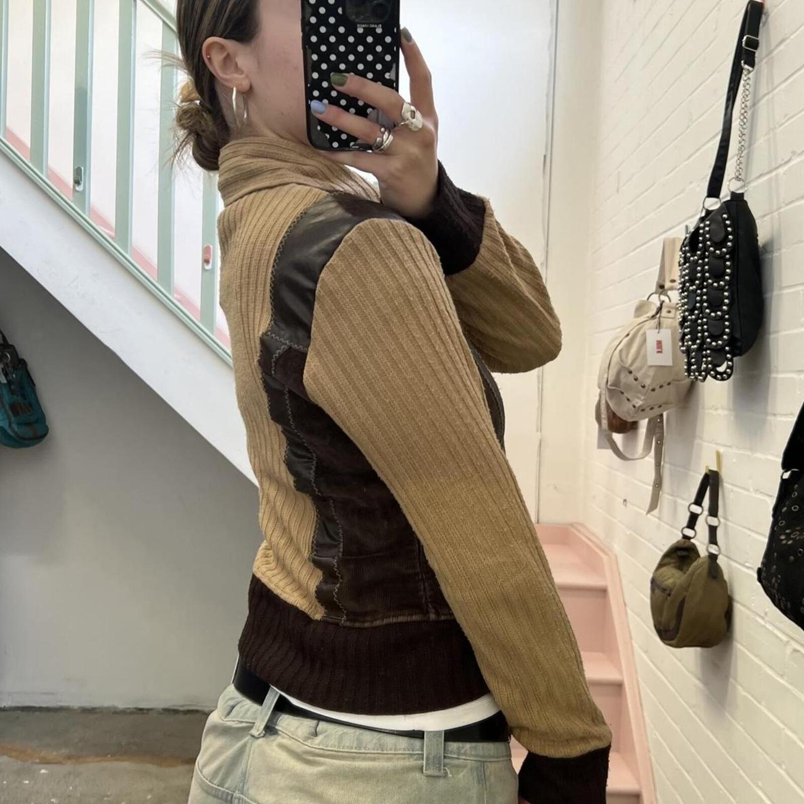 Cream and brown patchwork knitted zip up vintage sweater